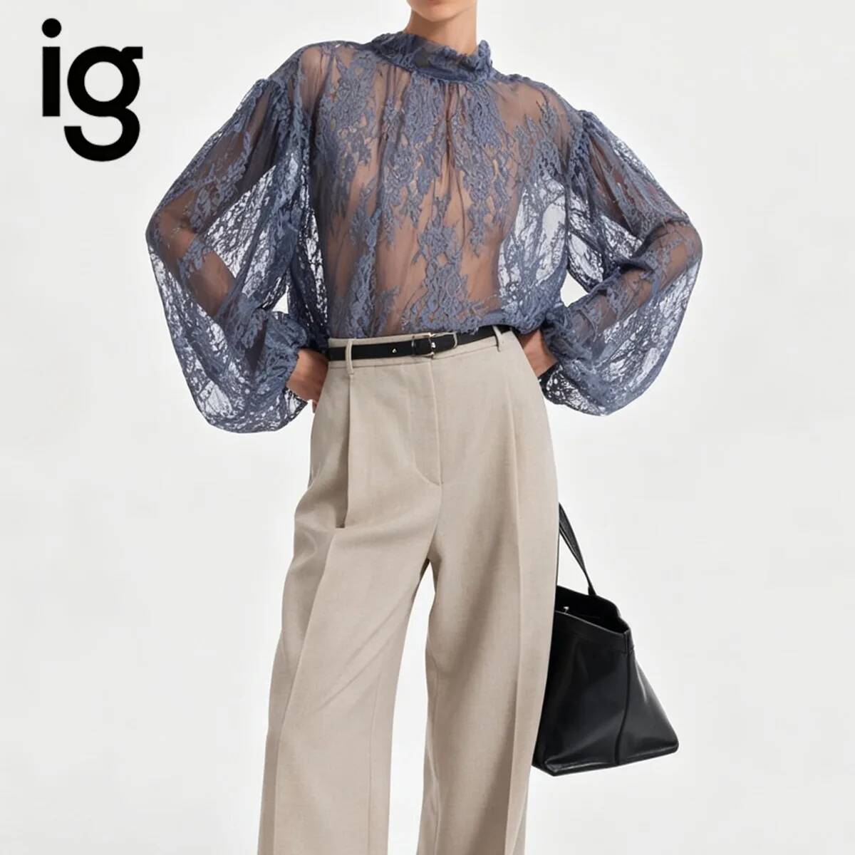 Puff Sleeve Blouse - เสื้อผู้หญิง IG 2026 ผ้าลูกไม้ซีทรู คอเต่า แต่งระบาย