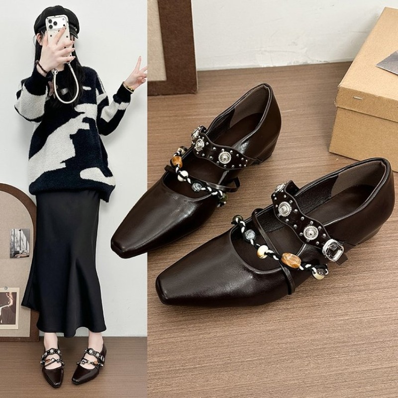 Women'S Fashion Loafers - รองเท้าสไตล์เมอร์รี่เจนแบบเรโทรใหม่สำหรับผู้หญิง หัวเหลี่ยม ส้นหนา ประดับด้วยเพชรและโซ่ แฟชั่นสำหรับใส่ทำงานและงานปาร์ตี้