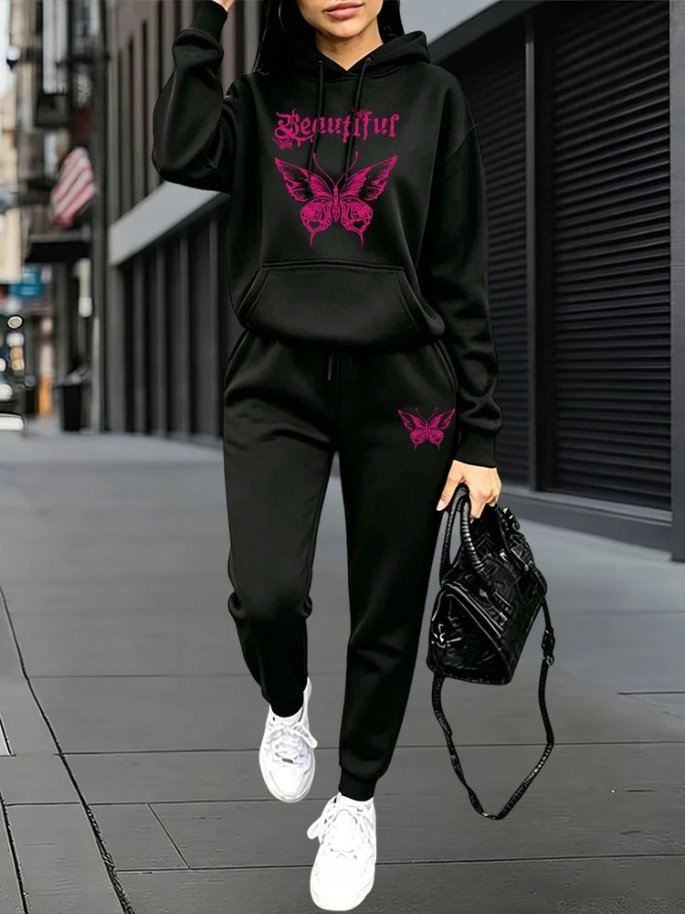 Women'S Fashion Hoodie - ชุดลำลองสำหรับฤดูใบไม้ร่วงและฤดูหนาว ชุดกีฬาแบบจ็อกเกอร์ เสื้อฮู้ด + กางเกงสเวตแพนท์ ชุดใส่สบายสำหรับอยู่บ้านและนอกบ้าน