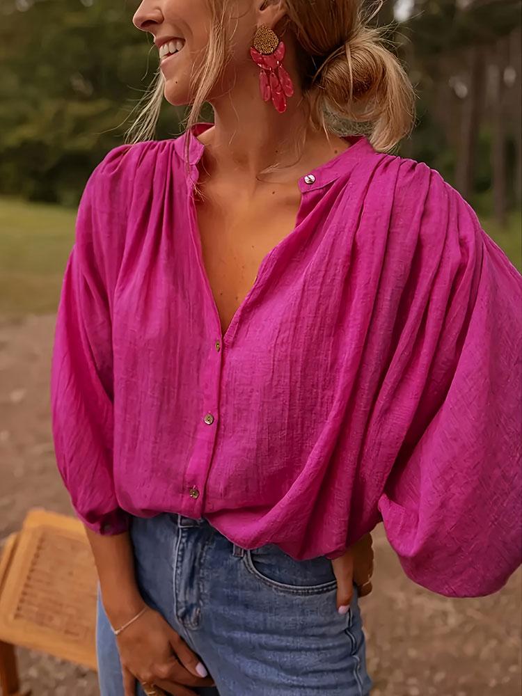Puff Sleeve Blouse - เสื้อเชิ้ตคอตั้งแขนยาวทรงหรูหราใหม่ ไซส์ใหญ่สำหรับผู้หญิง ลายดอกกุหลาบ ผ้ายับสไตล์ฝรั่งเศส แมทช์ได้กับทุกชุด เสื้อผ้าผู้หญิงสำหรับใส่ทำงาน
