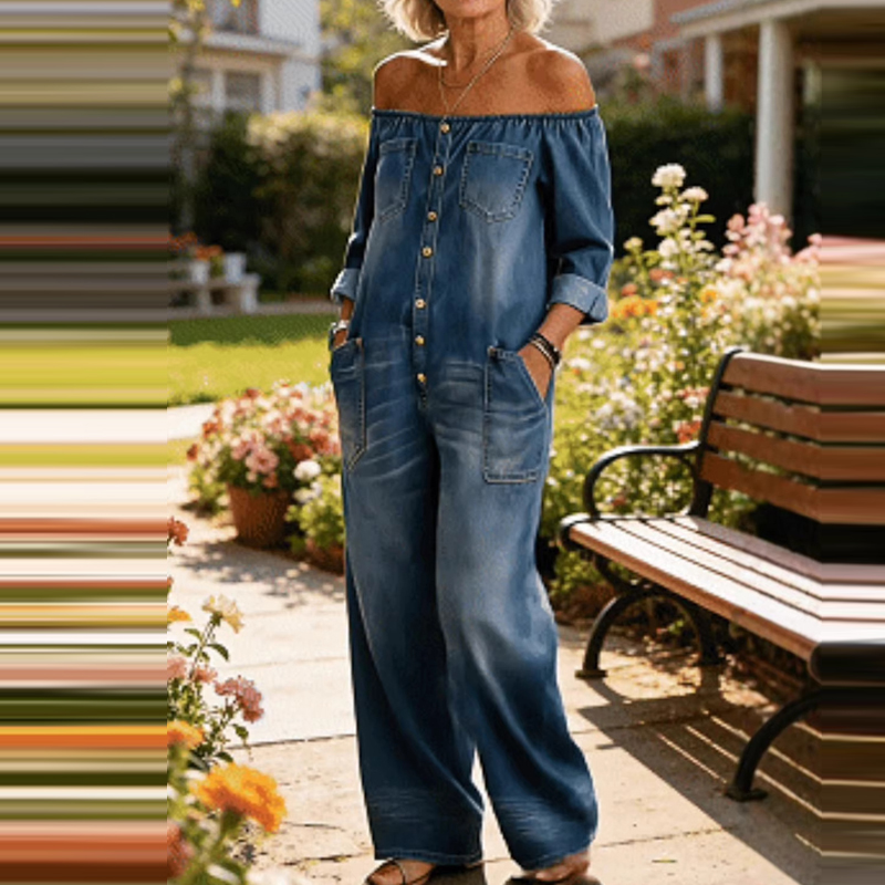 Women'S Fashion Vintage Off Shoulder Long Sleeve Jumpsuit - จั๊มสูทแฟชั่นผู้หญิง แขนยาว ทรงหลวม สไตล์ลำลอง มีกระเป๋า กระดุมแถวเดียว