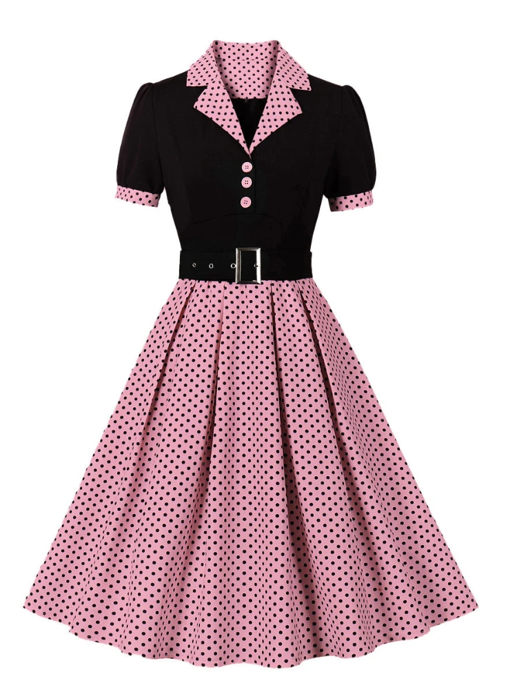 Women'S Fashion From The 60S - เดรสแฟชั่นใหม่2024คอปกชุดเดรสรัดรูปวินเทจย้อนยุคลายจุดสง่างามแขนสั้นของผู้หญิงมีเข็มขัด1950s 60S