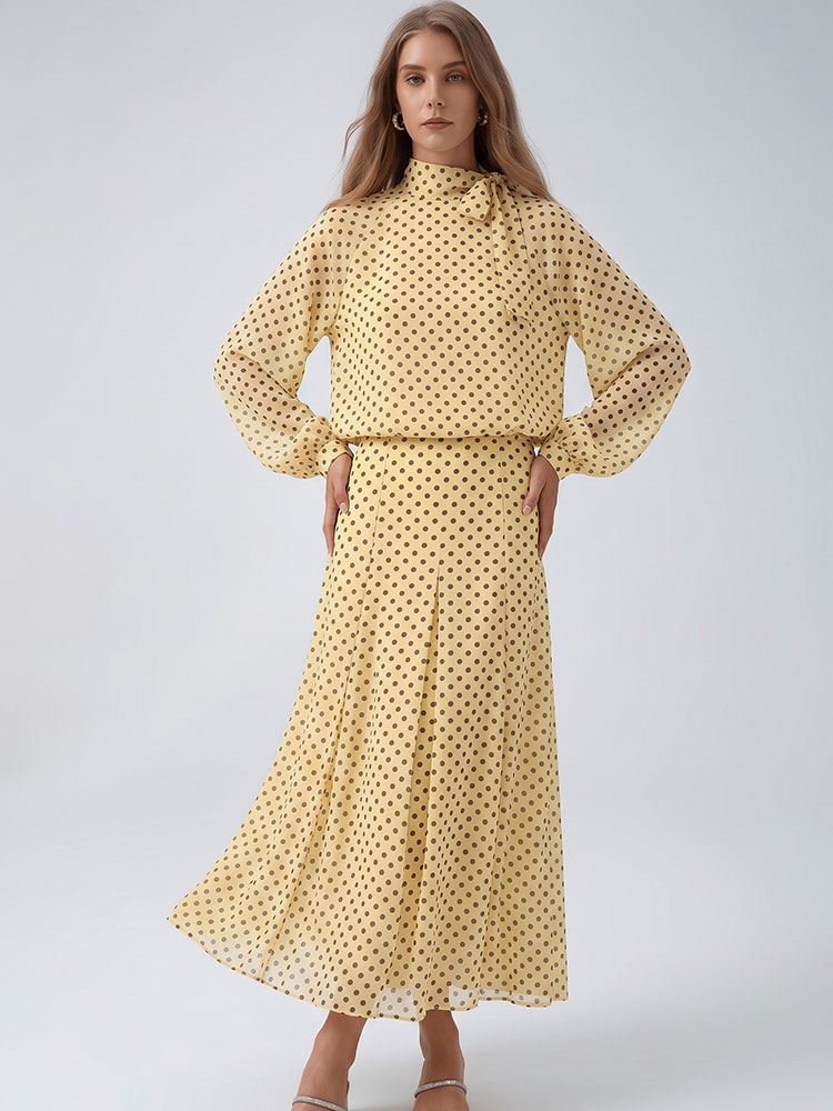 Puff Sleeve Blouse - ชุดเซ็ต 2 ชิ้น เสื้อแขนพองลายจุดสไตล์วินเทจสำหรับผู้หญิง กระโปรงยาวมีซิป แฟชั่นลำลองสำหรับฤดูร้อน
