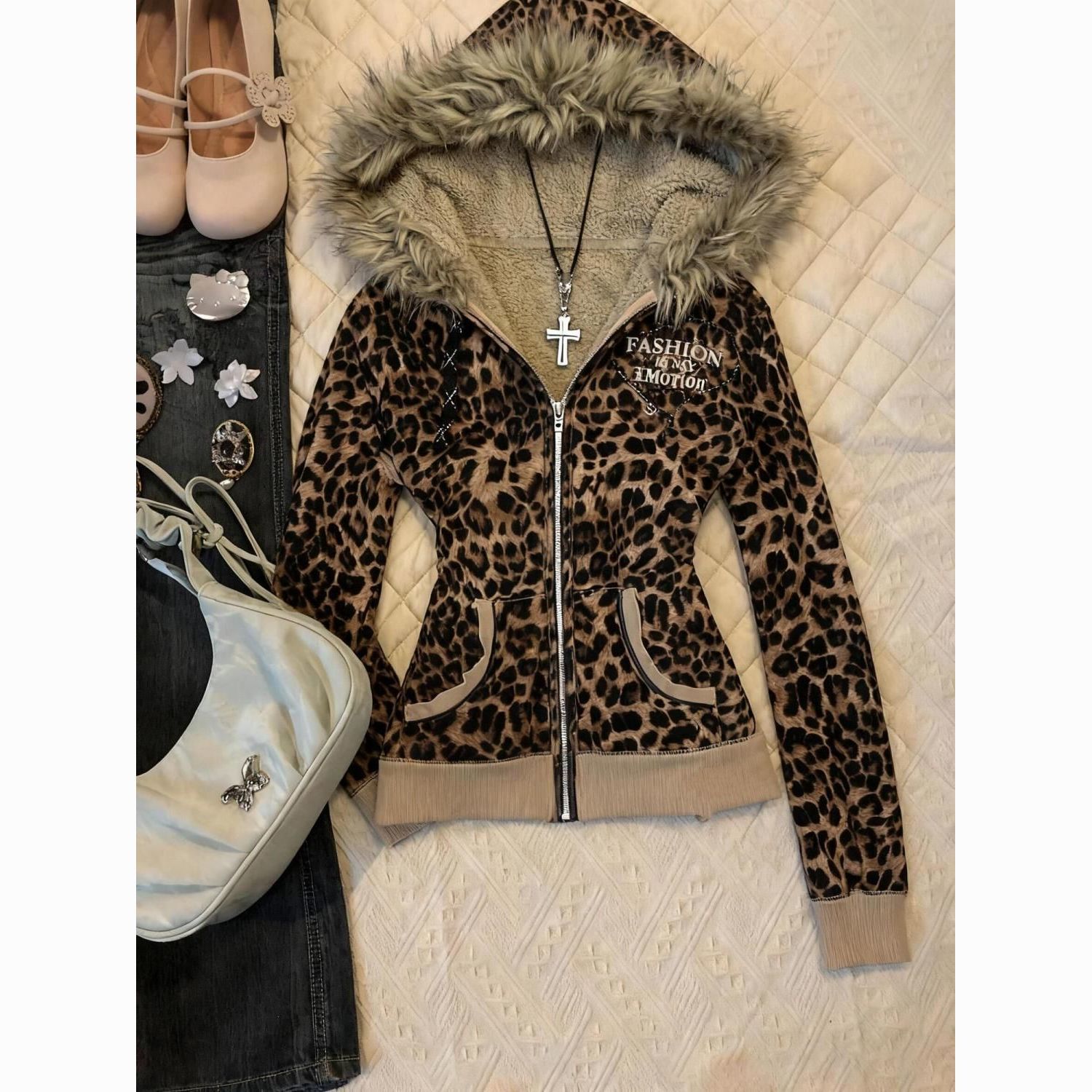 Women'S Fashion Hoodie - เสื้อฮู้ดดี้สไตล์เรโทรอเมริกันรุ่นใหม่สำหรับผู้หญิง ซับในขนสัตว์เทียมสำหรับฤดูหนาว เสื้อแจ็คเก็ตซิป แฟชั่น Y2K ลายเสือดาวสไตล์สตรีท