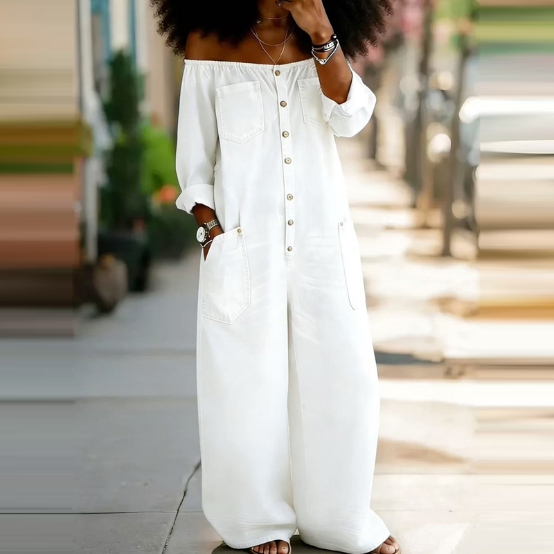 Women'S Fashion Vintage Off Shoulder Long Sleeve Jumpsuit - จั๊มสูทเดนิมแบบเปิดไหล่ ดีไซน์เรียบหรู แขนยาว ทรงหลวม สไตล์ลำลอง มีกระเป๋า