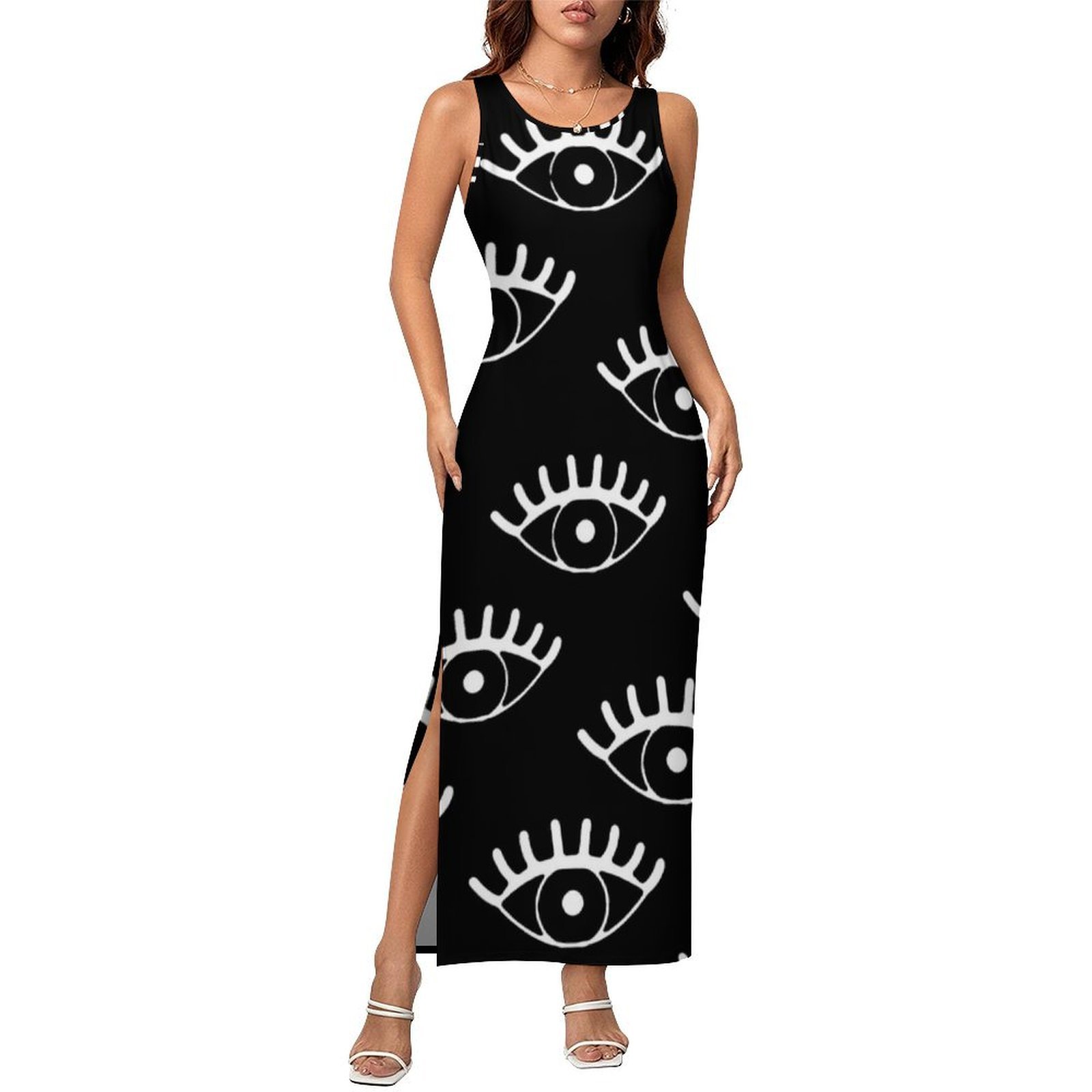 Women Fashion Vector - ชุดเดรสบอดี้คอนสีขาวลายตาตลกสำหรับฤดูร้อน เดรสแม็กซี่เซ็กซี่สำหรับผู้หญิง แขนกุด แฟชั่น ไซส์ใหญ่ 3XL