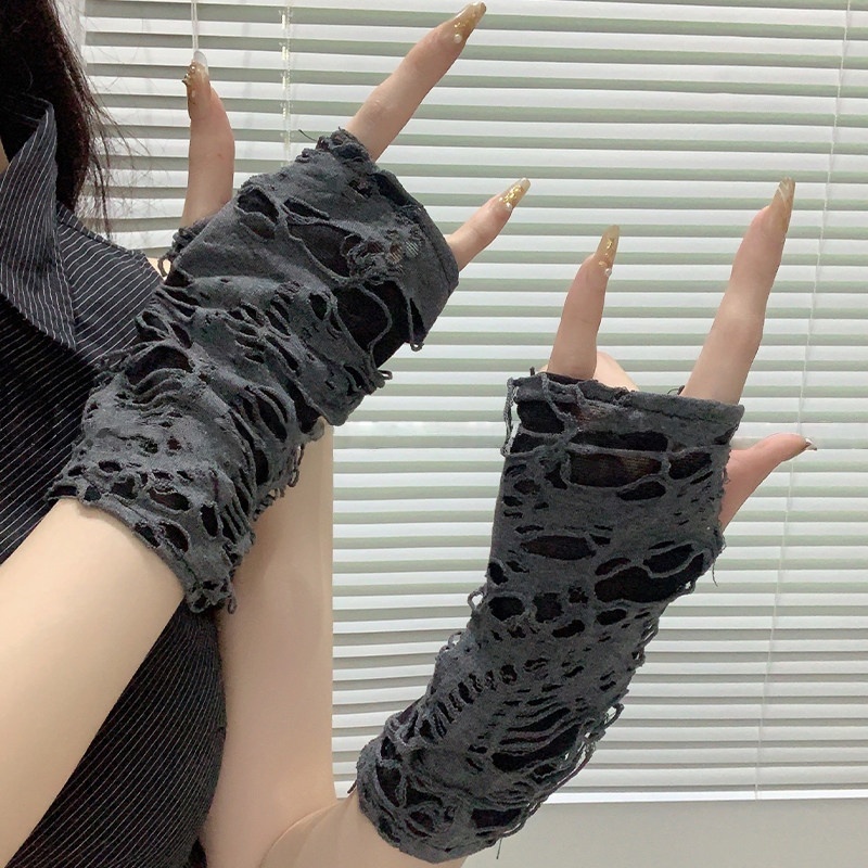 ปลอกแขนกันแดดแบบตาข่ายขาดๆ สไต - Women Fashion Gloves บทวิจารณ์และราคา