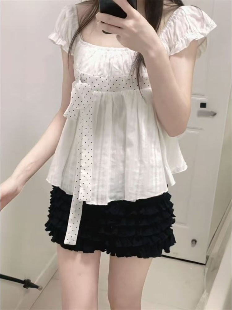 แฟชั่นเกาหลีน่ารัก ลายจุด โบว์ - Puff Sleeve Blouse บทวิจารณ์และราคา