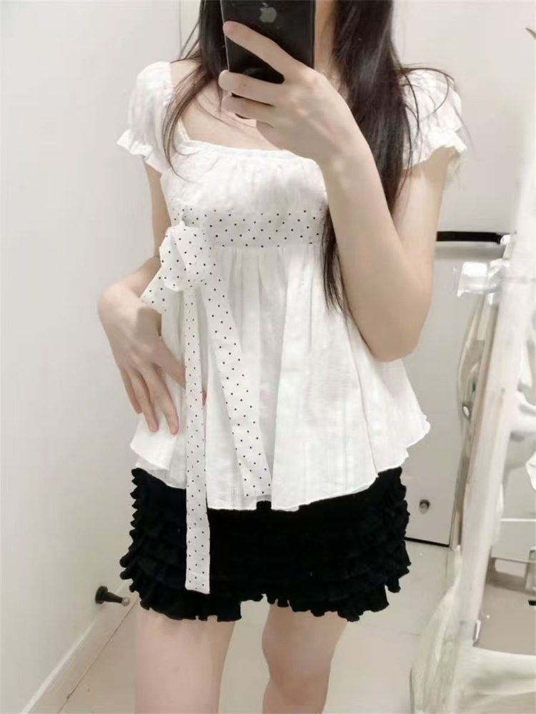 แฟชั่นเกาหลีน่ารัก ลายจุด โบว์ - Puff Sleeve Blouse บทวิจารณ์และราคา