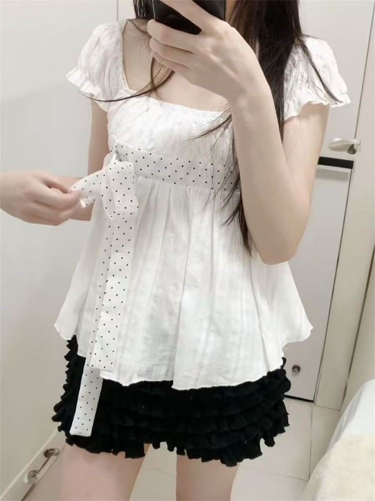 แฟชั่นเกาหลีน่ารัก ลายจุด โบว์ - Puff Sleeve Blouse บทวิจารณ์และราคา