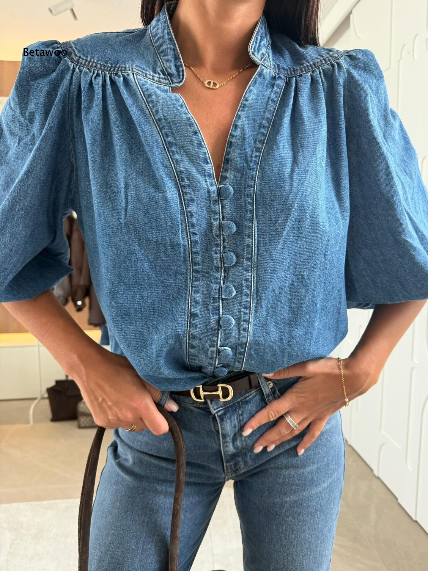 เสื้อเชิ้ตเดนิมคอวี แขนพอง 3/4 - Puff Sleeve Blouse บทวิจารณ์และราคา