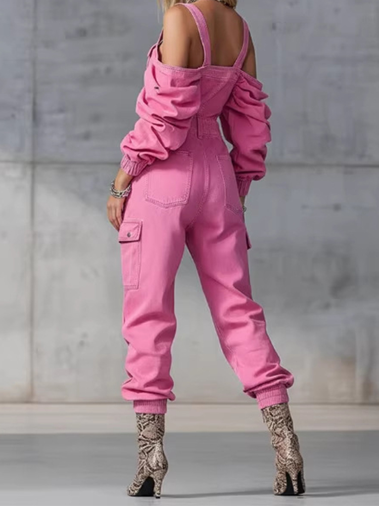 จั๊มสูทเดนิมวินเทจแฟชั่นสำหรับ - Women'S Fashion Vintage Off Shoulder Long Sleeve Jumpsuit บทวิจารณ์และราคา