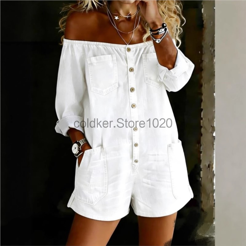 จั๊มสูทเดนิมลำลองเปิดไหล่สำหรั - Women'S Fashion Vintage Off Shoulder Long Sleeve Jumpsuit บทวิจารณ์และราคา