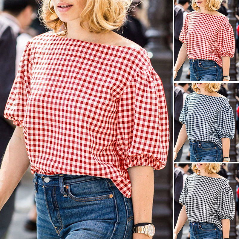 เสื้อเชิ้ตลายสก็อตผู้หญิงไซส์ใ - Puff Sleeve Blouse บทวิจารณ์และราคา